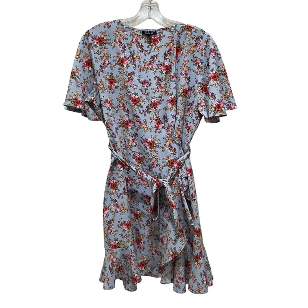 Topshop Confetti Floral Wrap Tea Dress Light Blue Multicolor Size 6 - Picture 2 of 9